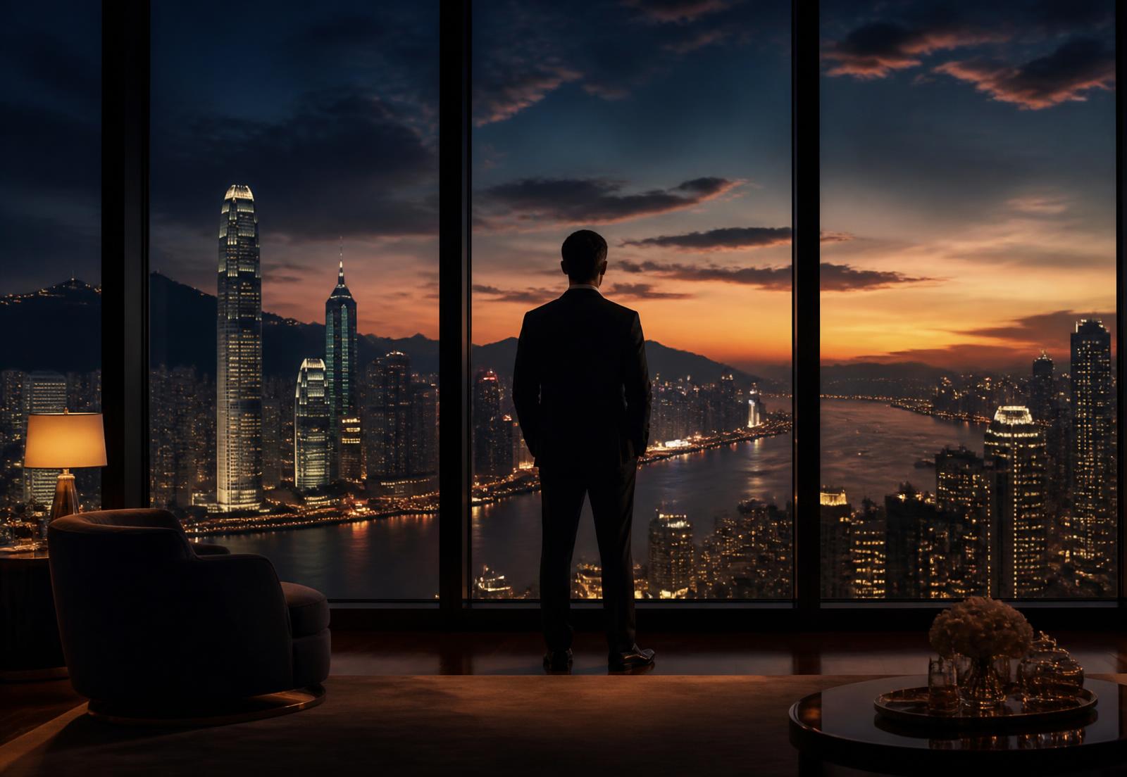 Executivo observando o horizonte de uma cidade internacional ao anoitecer