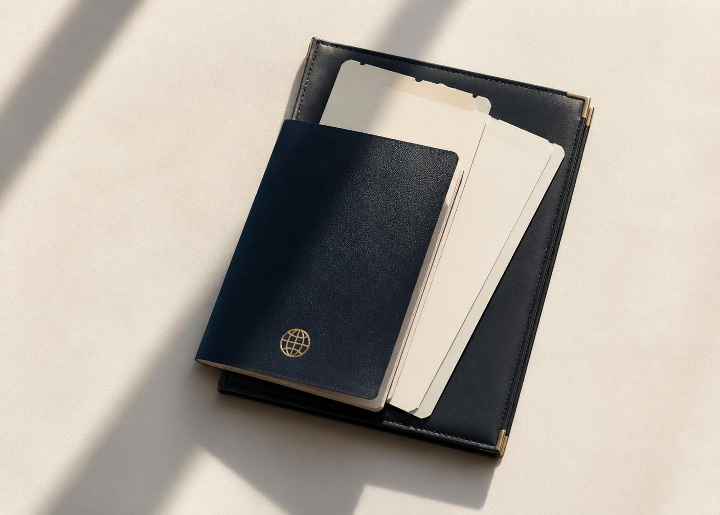Passaporte e documentos organizados em uma pasta de couro sobre superfície clara