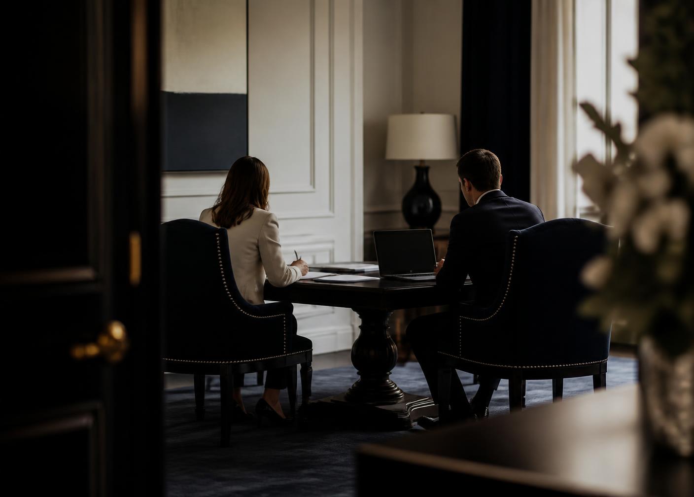 Duas pessoas em reunião de consultoria à mesa, vistas de longe